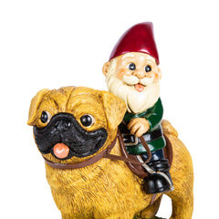 Kwirkworks pug gnome front view in garden showing cheerful look and durable finish