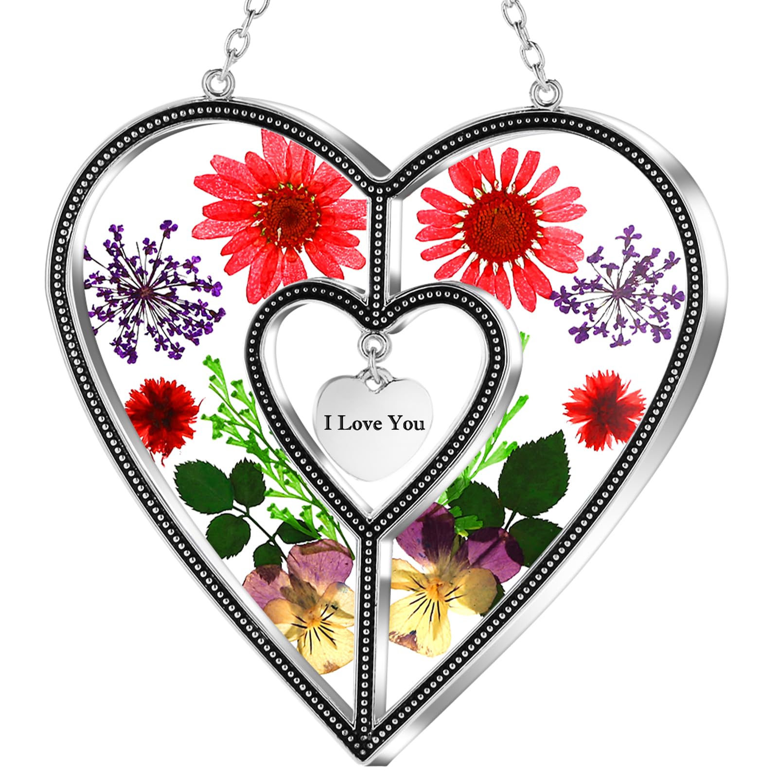 KY&BOSAM heart suncatcher front view showing floral arrangement and sparkle