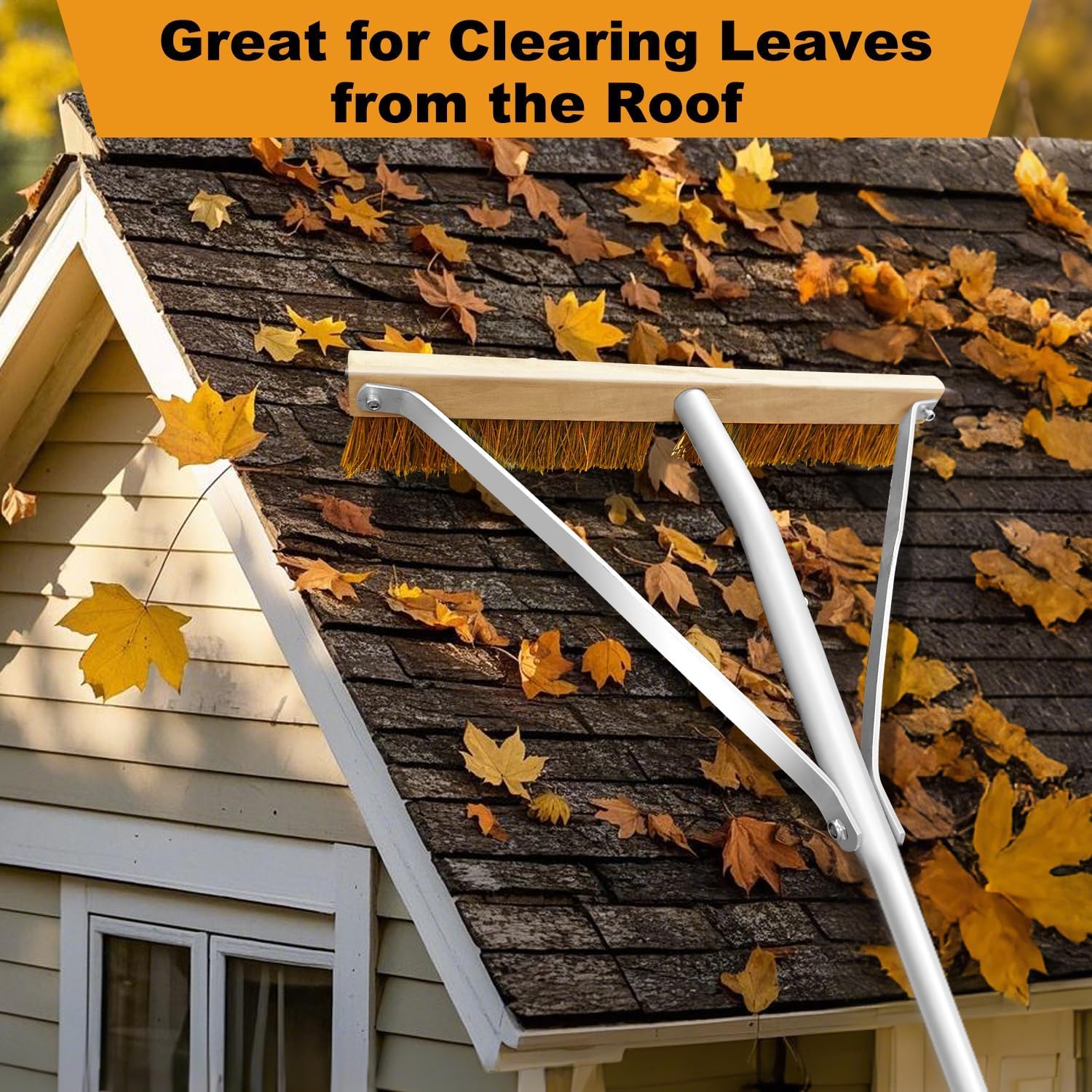 KYEEN-TOOLS homeowner using rake in backyard for quicker roof cleaning