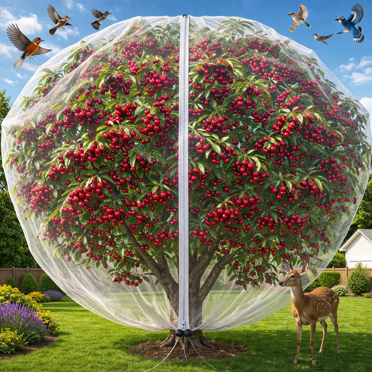 KYRGEU front view of netting covering a small fruit tree, protects fruit from birds