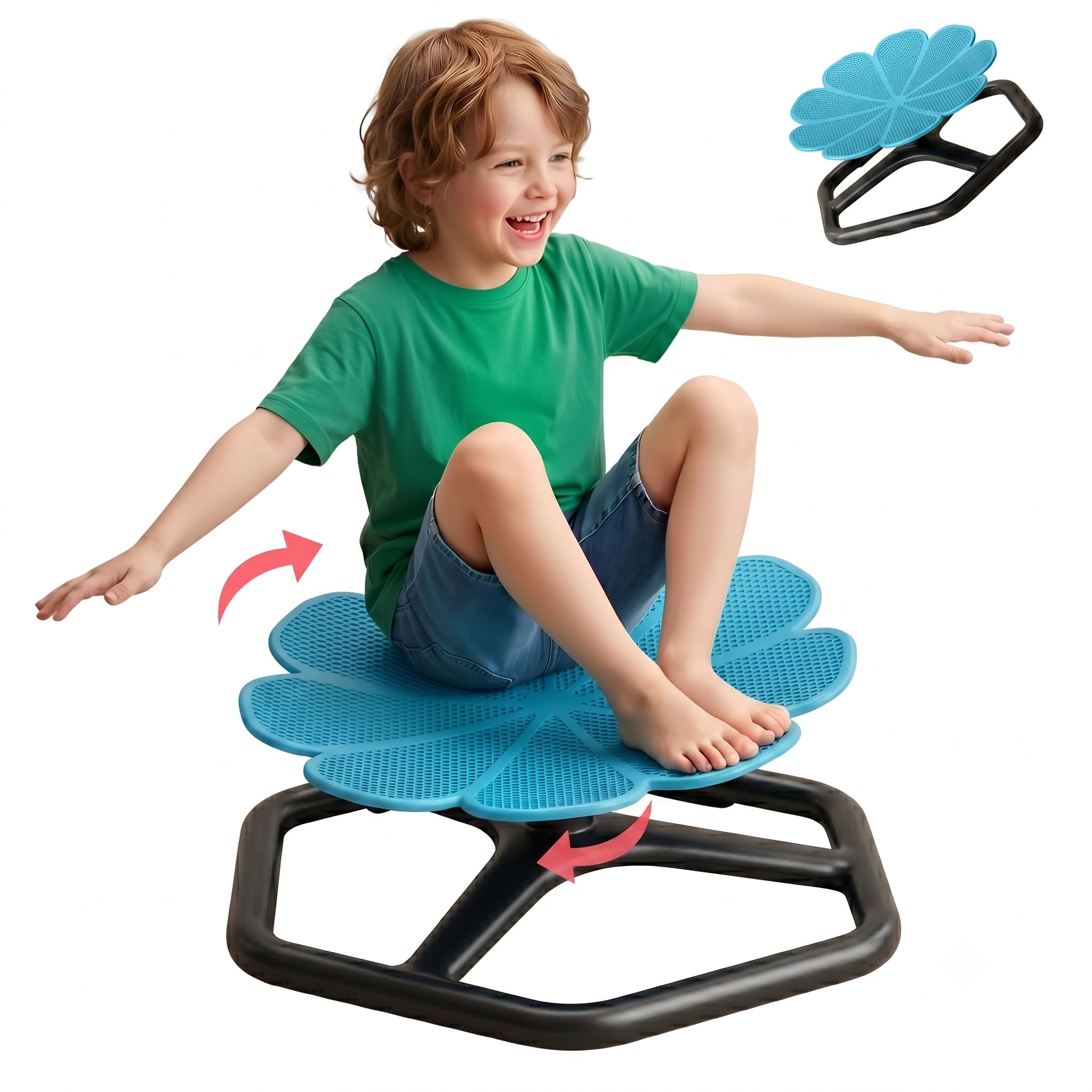 KYZDZQ front view of blue spinning chair showing flower seat and stability benefits