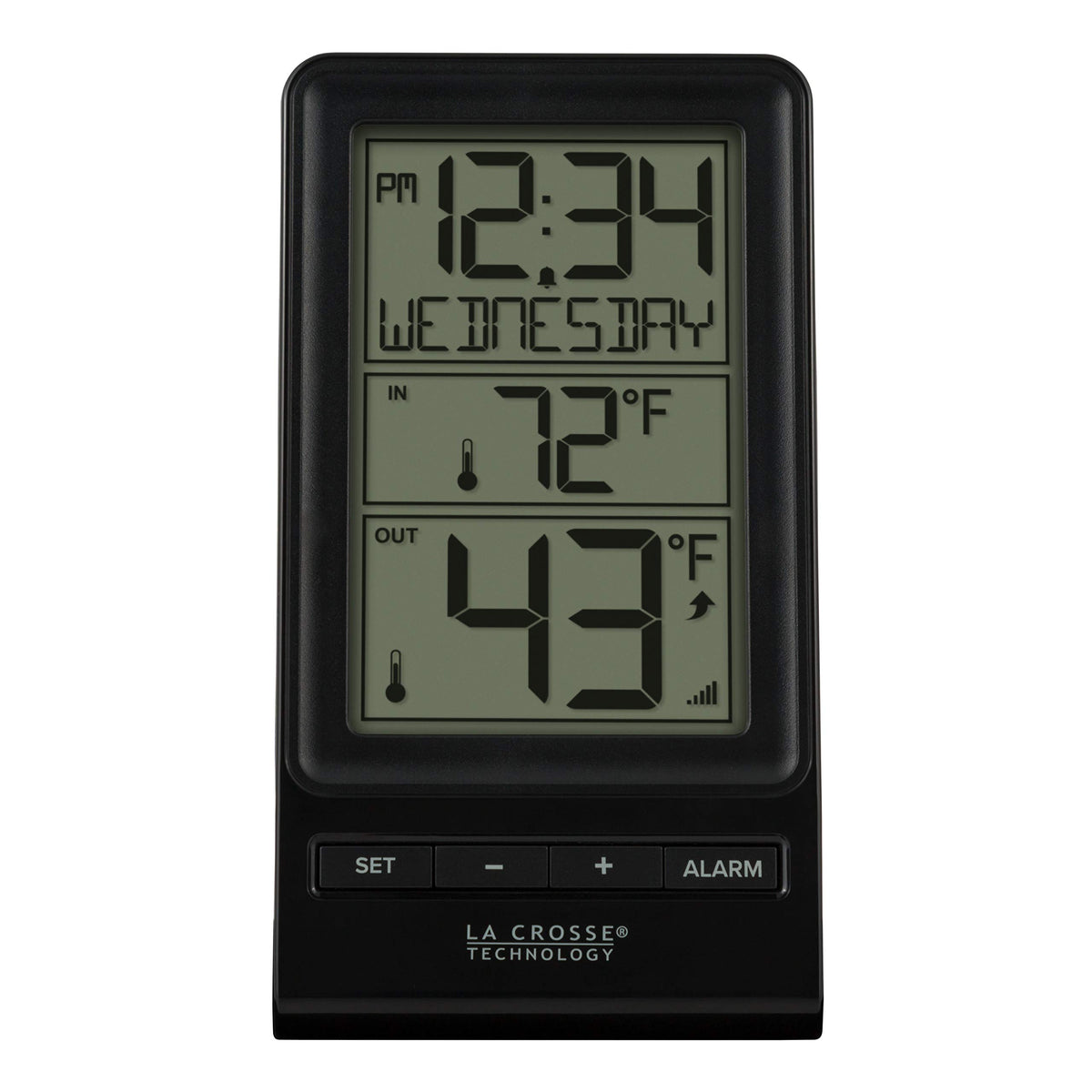 La Crosse Technology front display showing time and temps, clear at-a-glance view