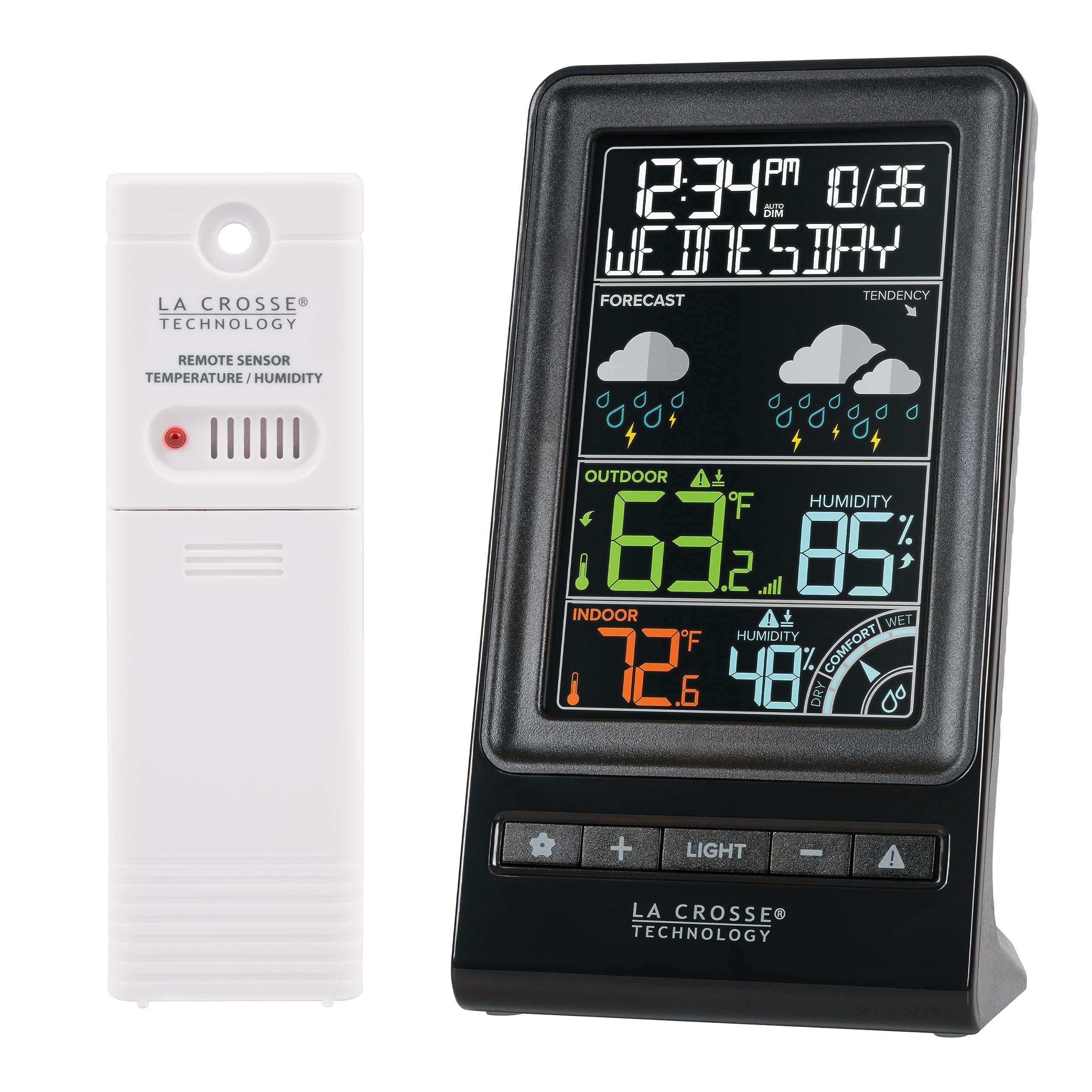 La Crosse Technology front display showing multi-color forecast and time for fast planning