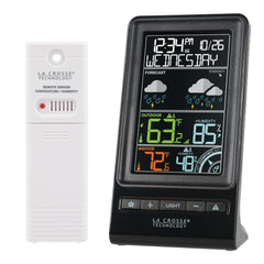La Crosse Technology front display showing multi-color forecast and time for fast planning