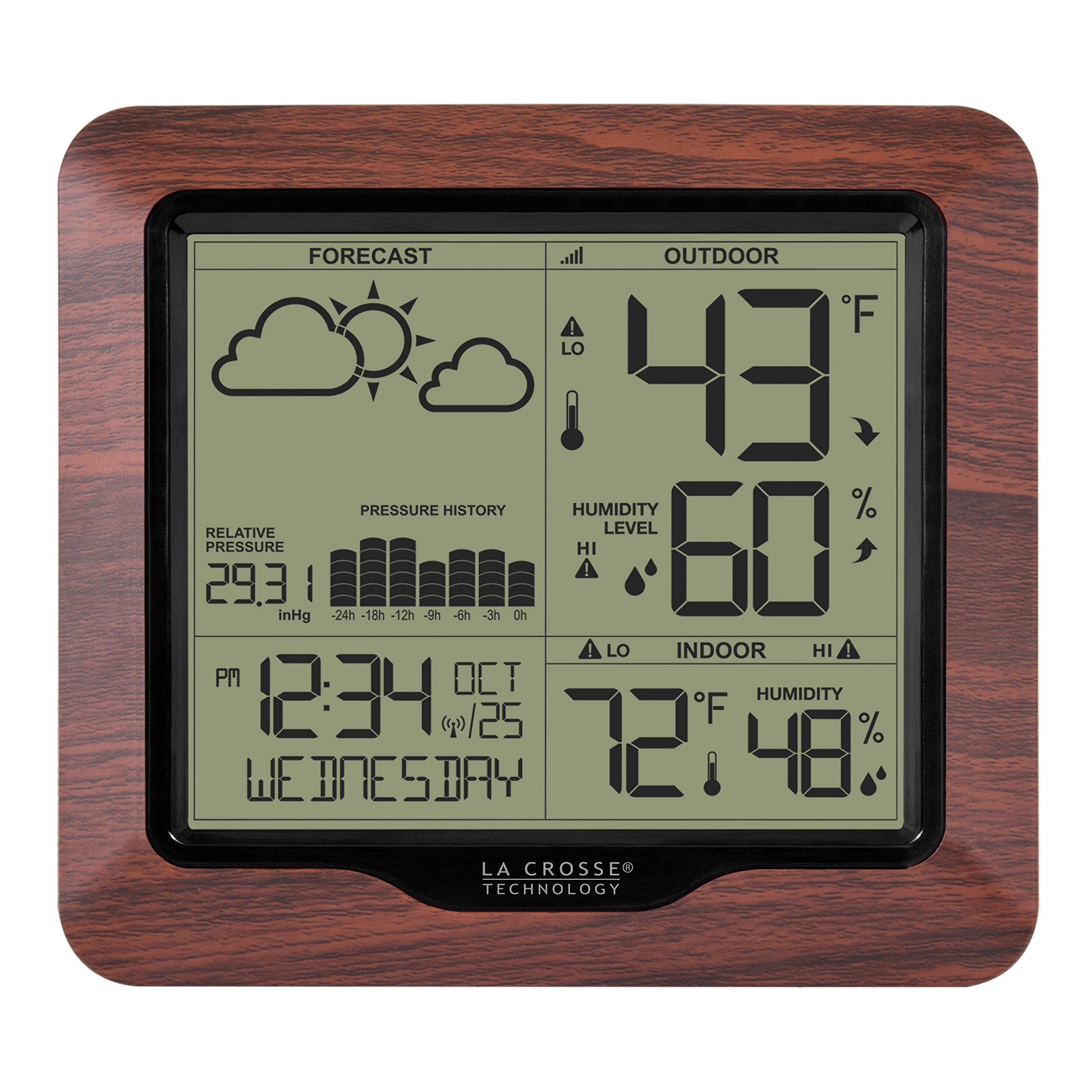 La Crosse Technology front display showing forecast icons and temps for quick reference