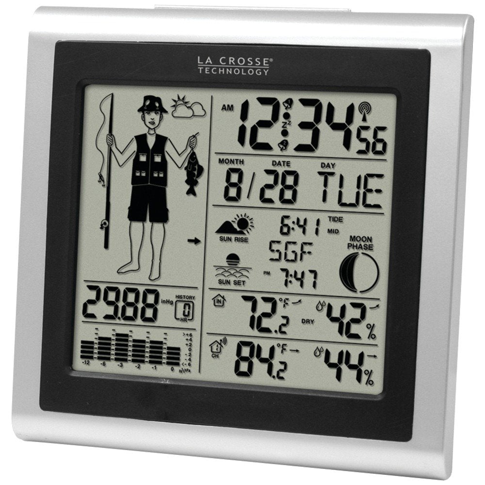 La Crosse Technology front display showing fisherman icon and weather readouts for quick planning