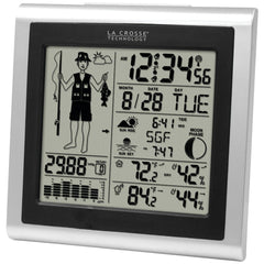 La Crosse Technology front display showing fisherman icon and weather readouts for quick planning