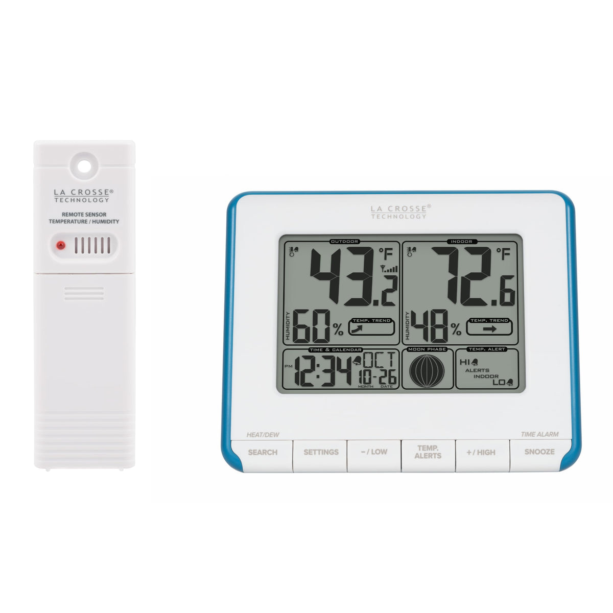 La Crosse Technology front display showing temperature and humidity for quick reference