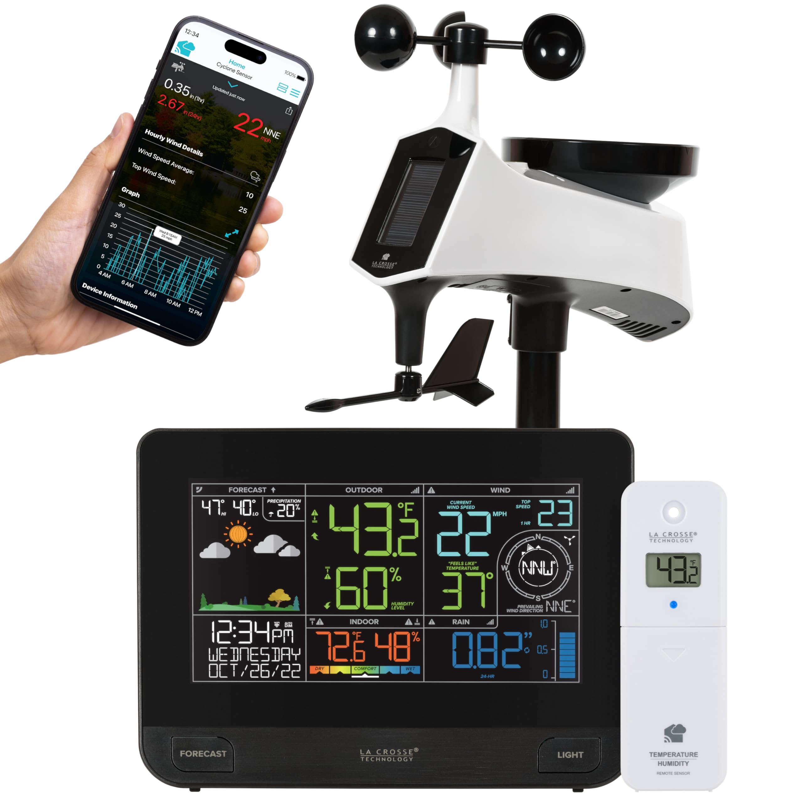 La Crosse Technology front display showing color forecast icons and clear readings