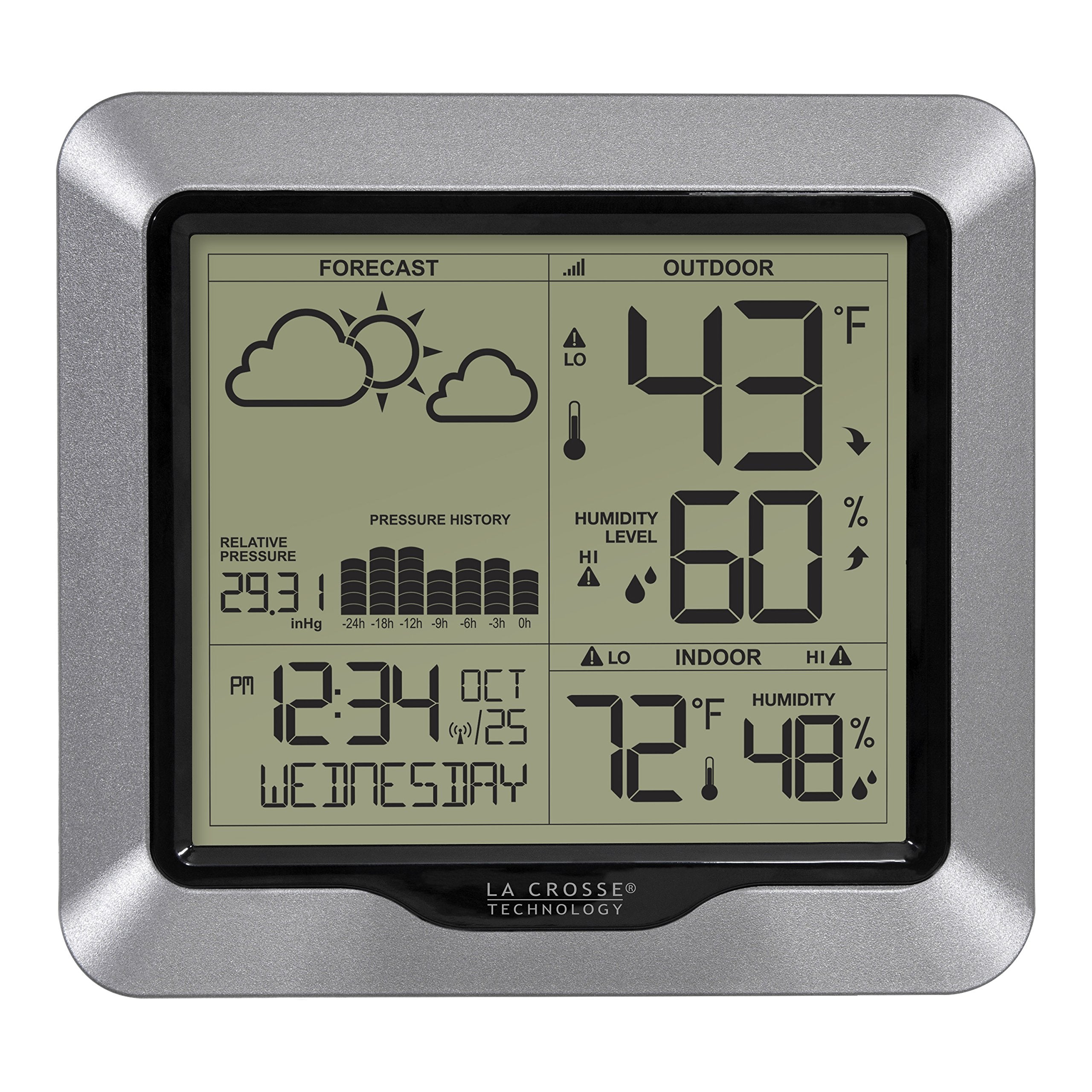 La Crosse Technology front display showing forecast icons and pressure trend for fast planning