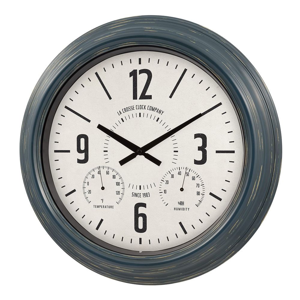 La Crosse Technology metal frame detail with distressed blue finish for durable style