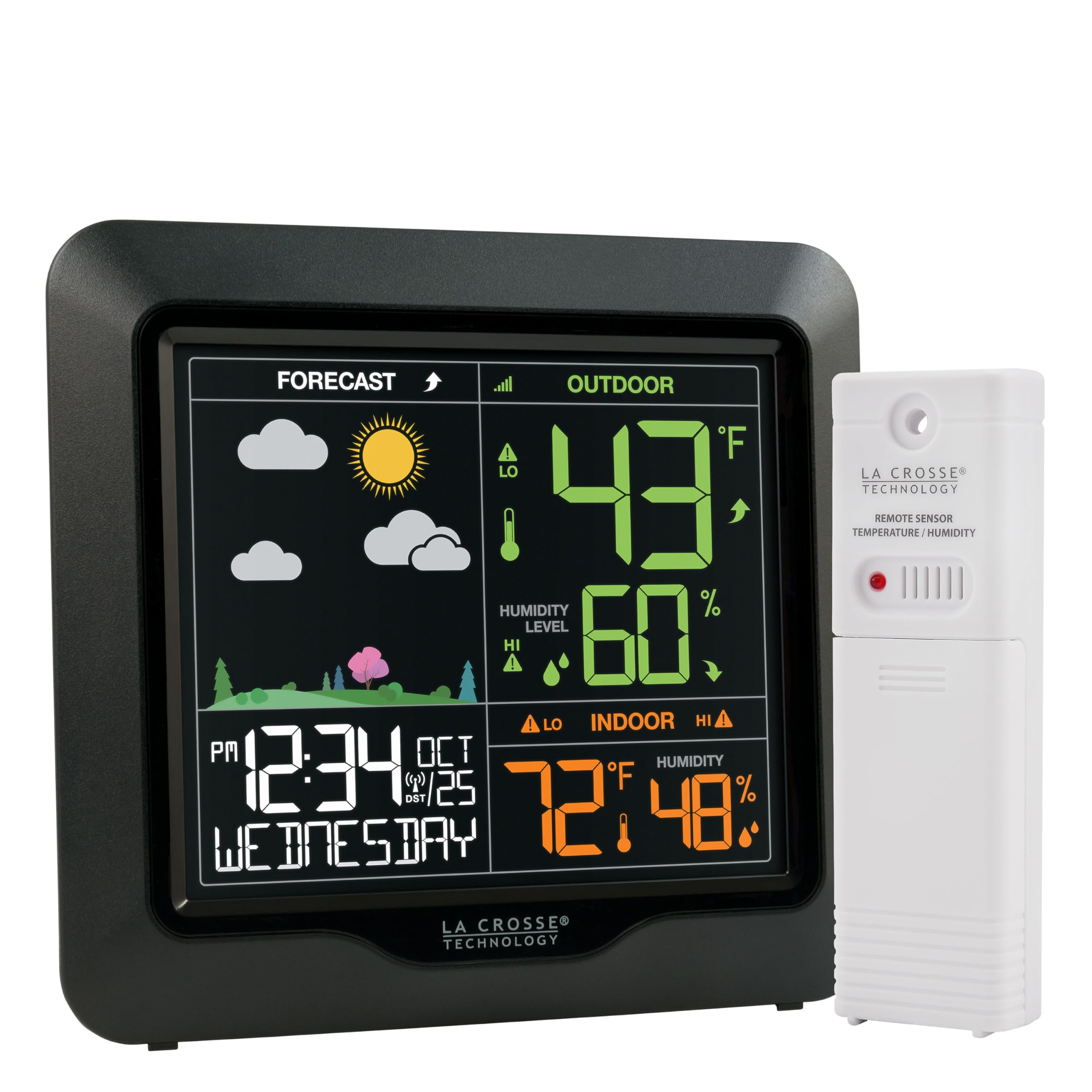 La Crosse Technology front display showing colorful forecast scene and atomic time for quick info