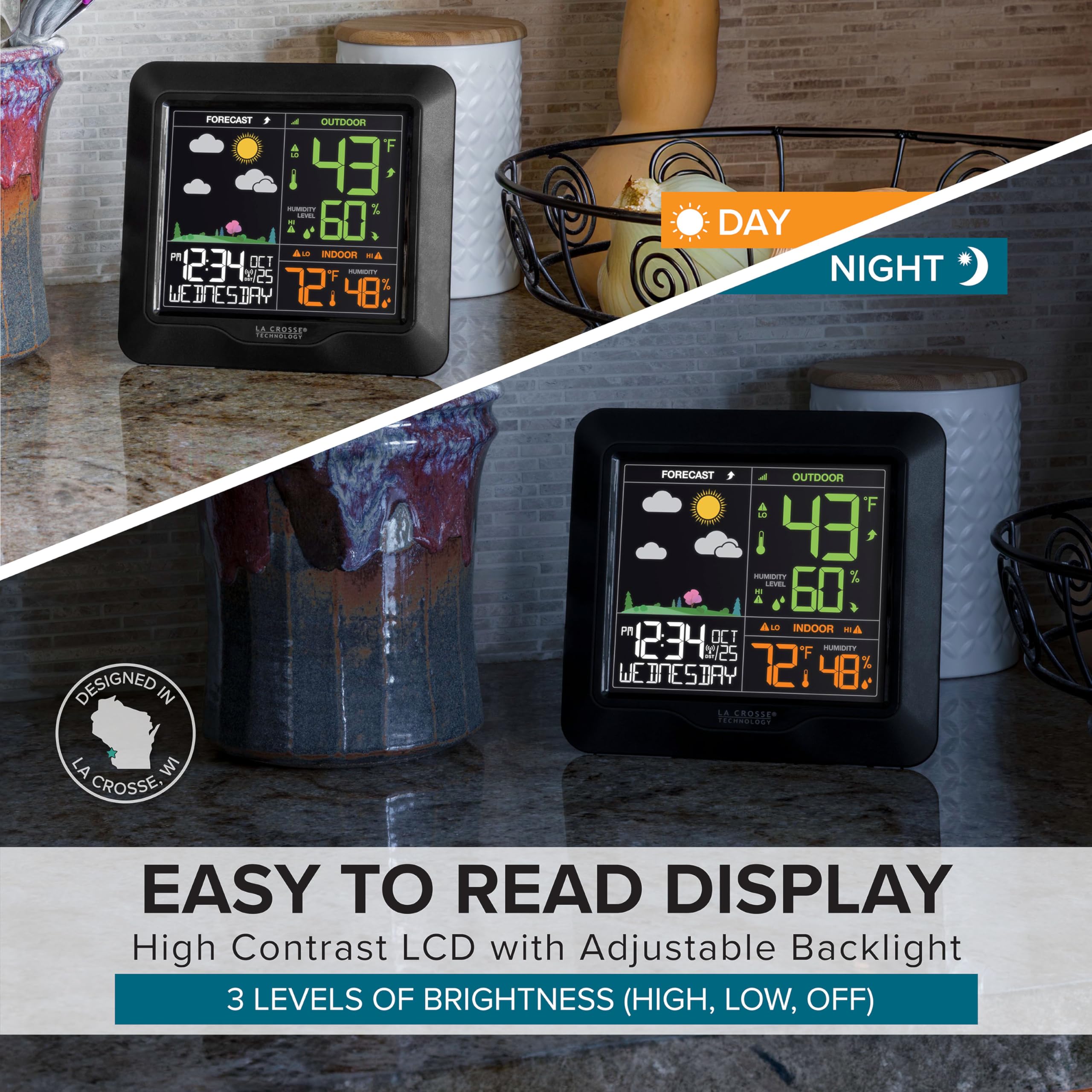 La Crosse Technology mounted in a home entryway providing visible time and weather at a glance