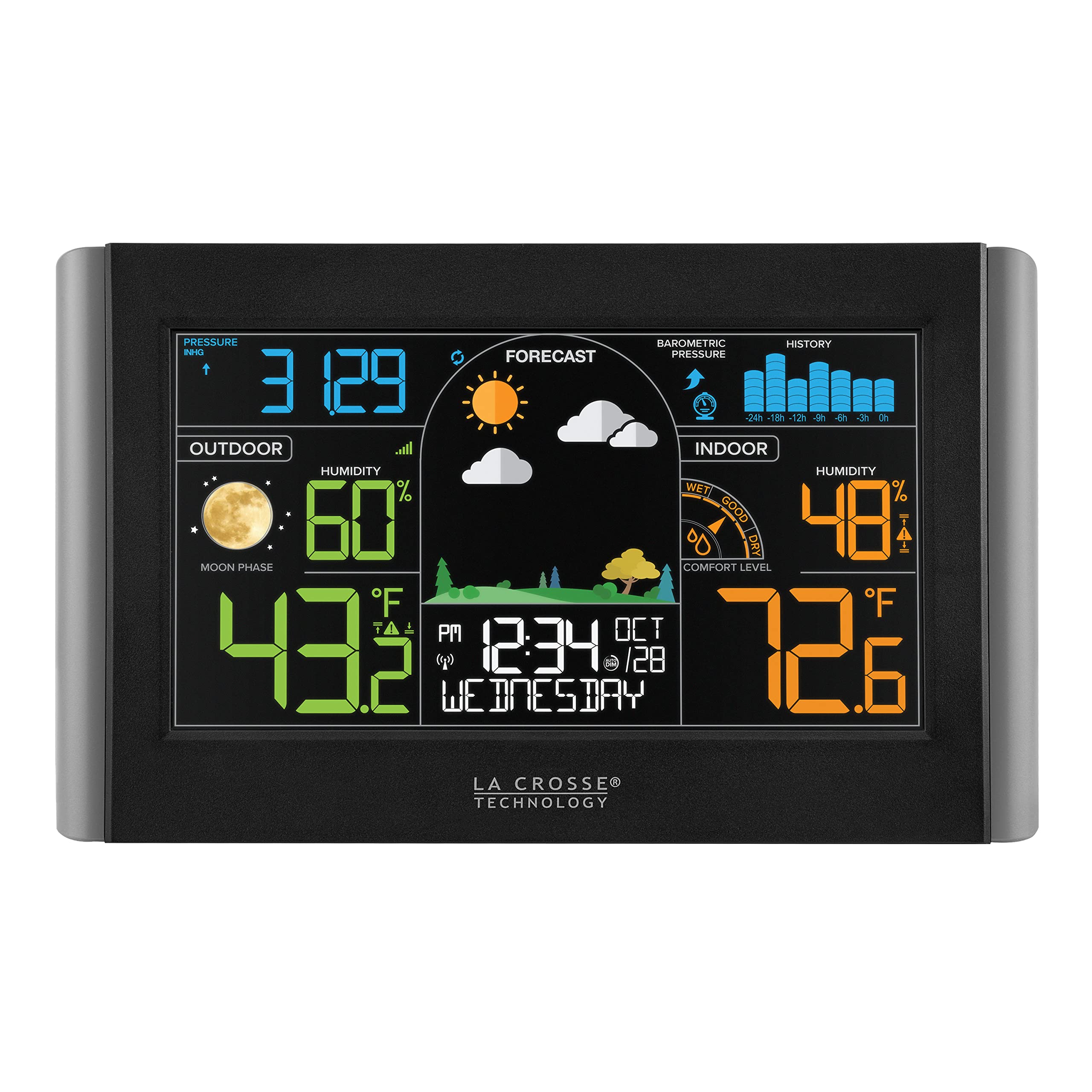 La Crosse Technology front display showing colorful forecast and time for quick planning