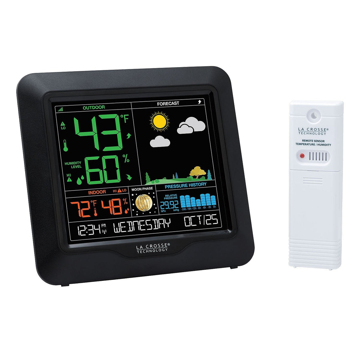 La Crosse Technology front display showing time and weather for quick reference