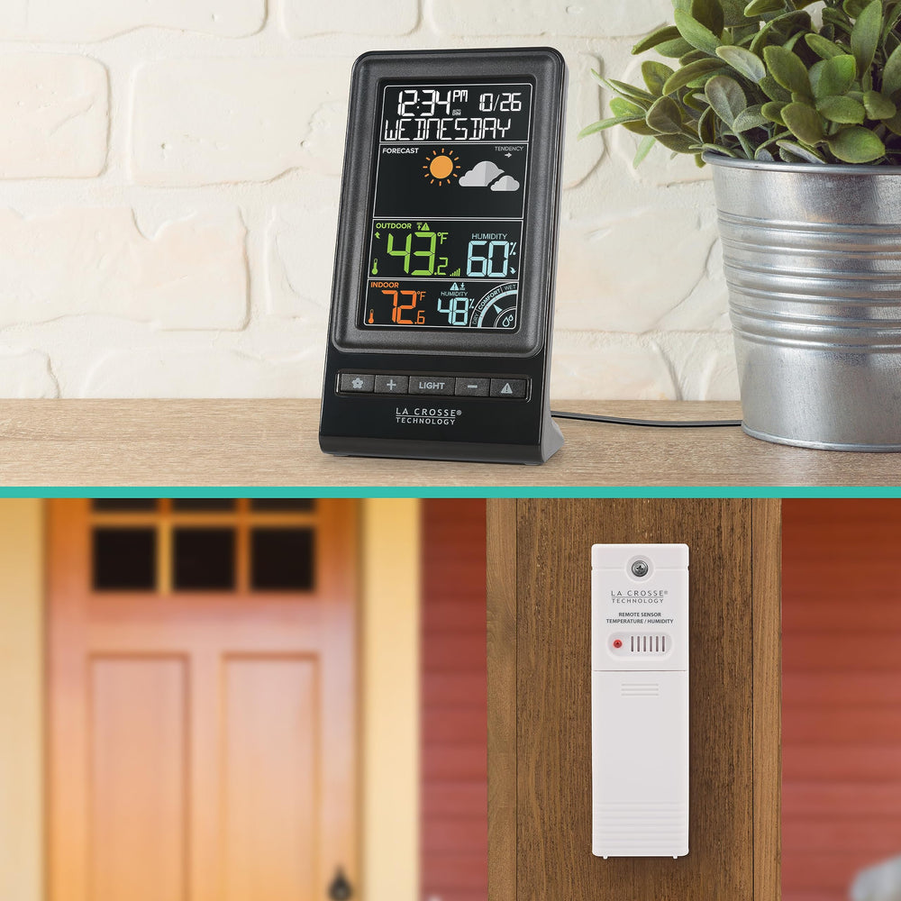 La Crosse outdoor sensor installed on fence to illustrate placement and wireless range benefit