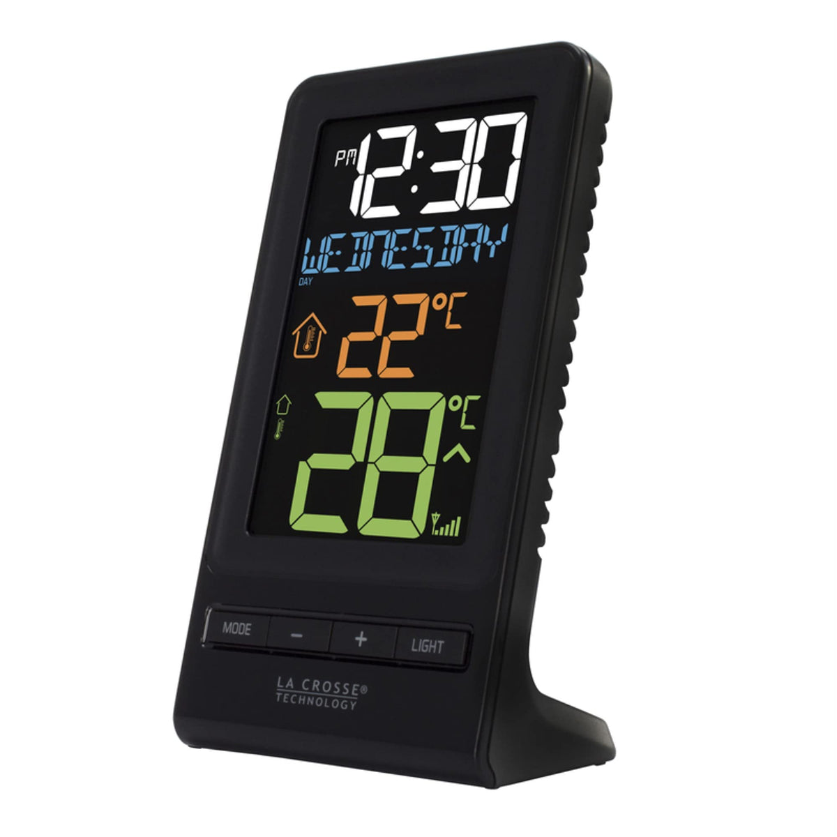 La Crosse Technology front display showing multicolor LCD and clear time benefit: easy at-a-glance reading