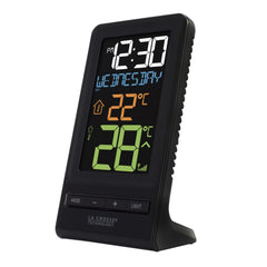La Crosse Technology front display showing multicolor LCD and clear time benefit: easy at-a-glance reading