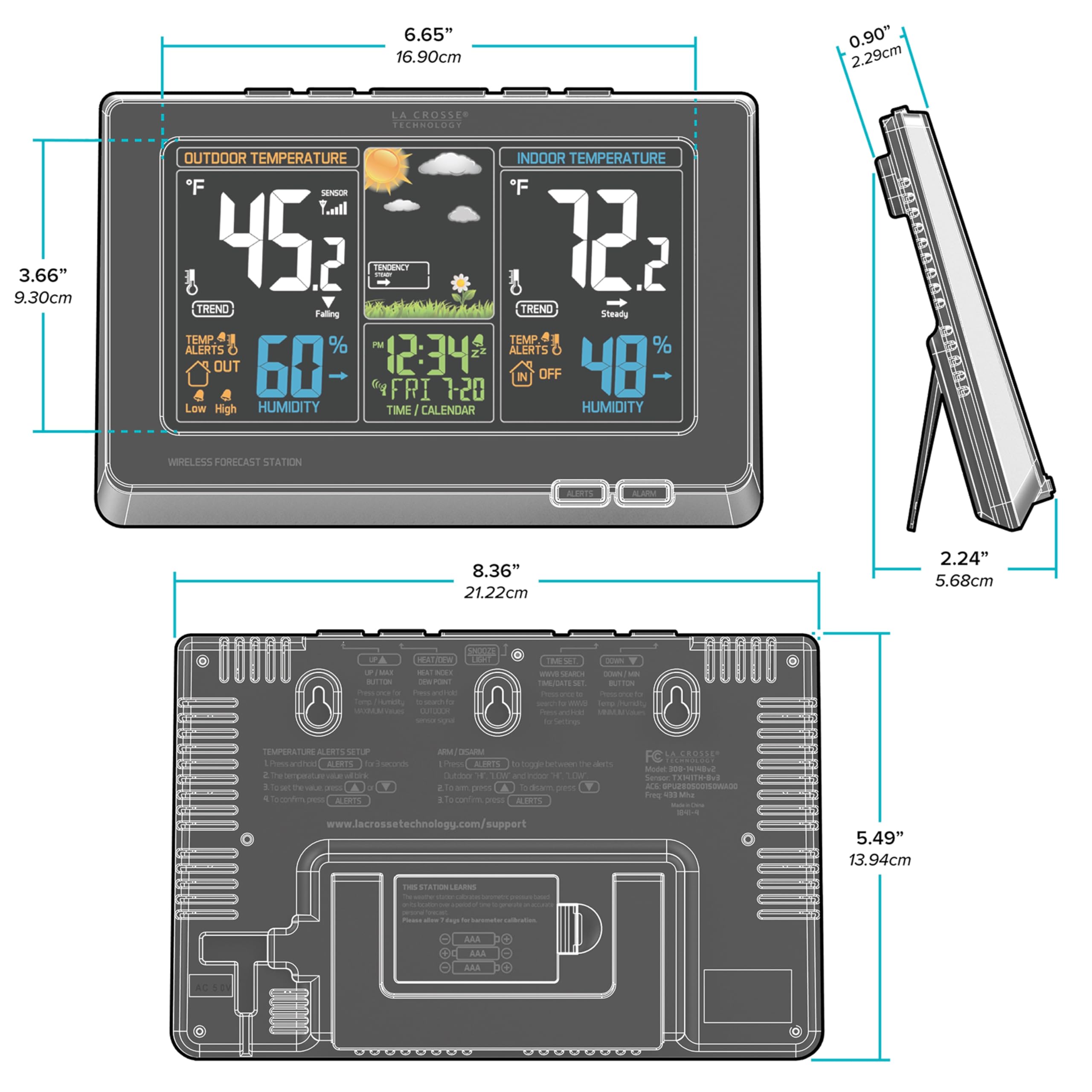 La Crosse Technology back panel with adapter port and battery compartment for power options