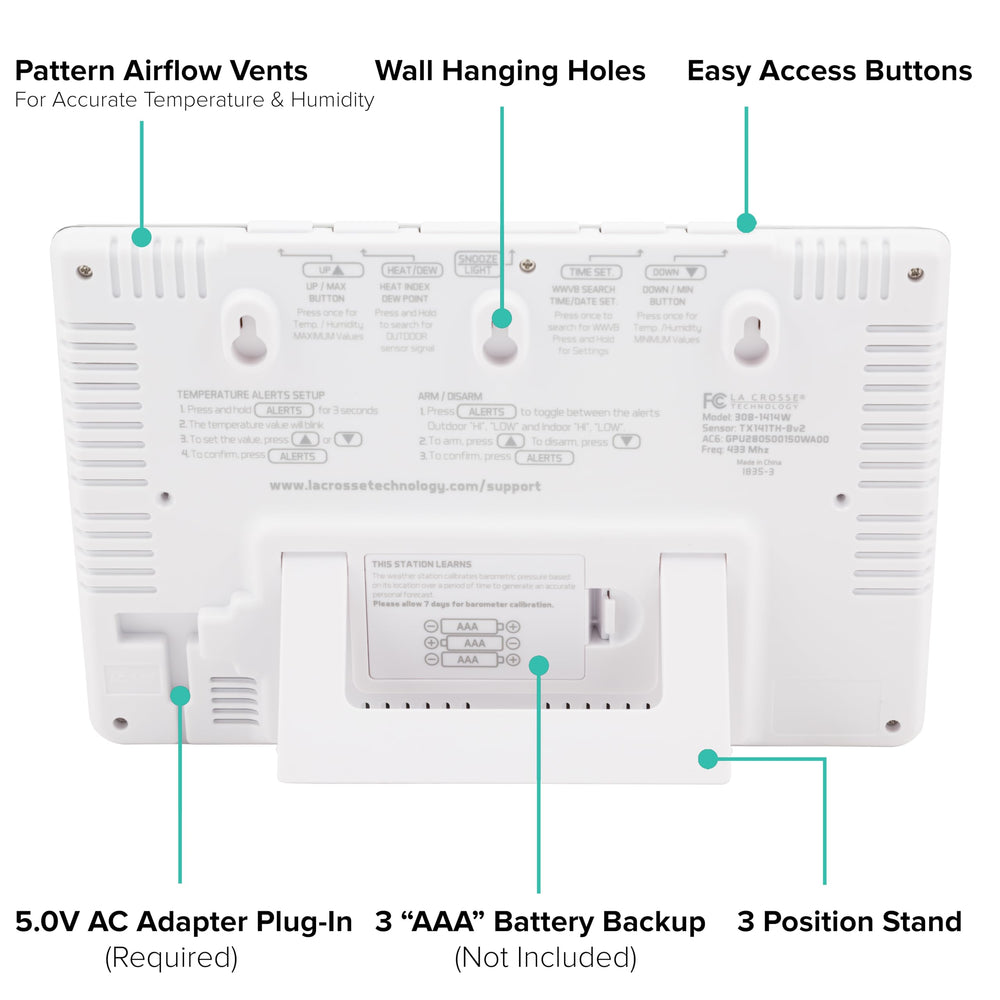 La Crosse Technology backlight and buttons visible for easy night-time viewing