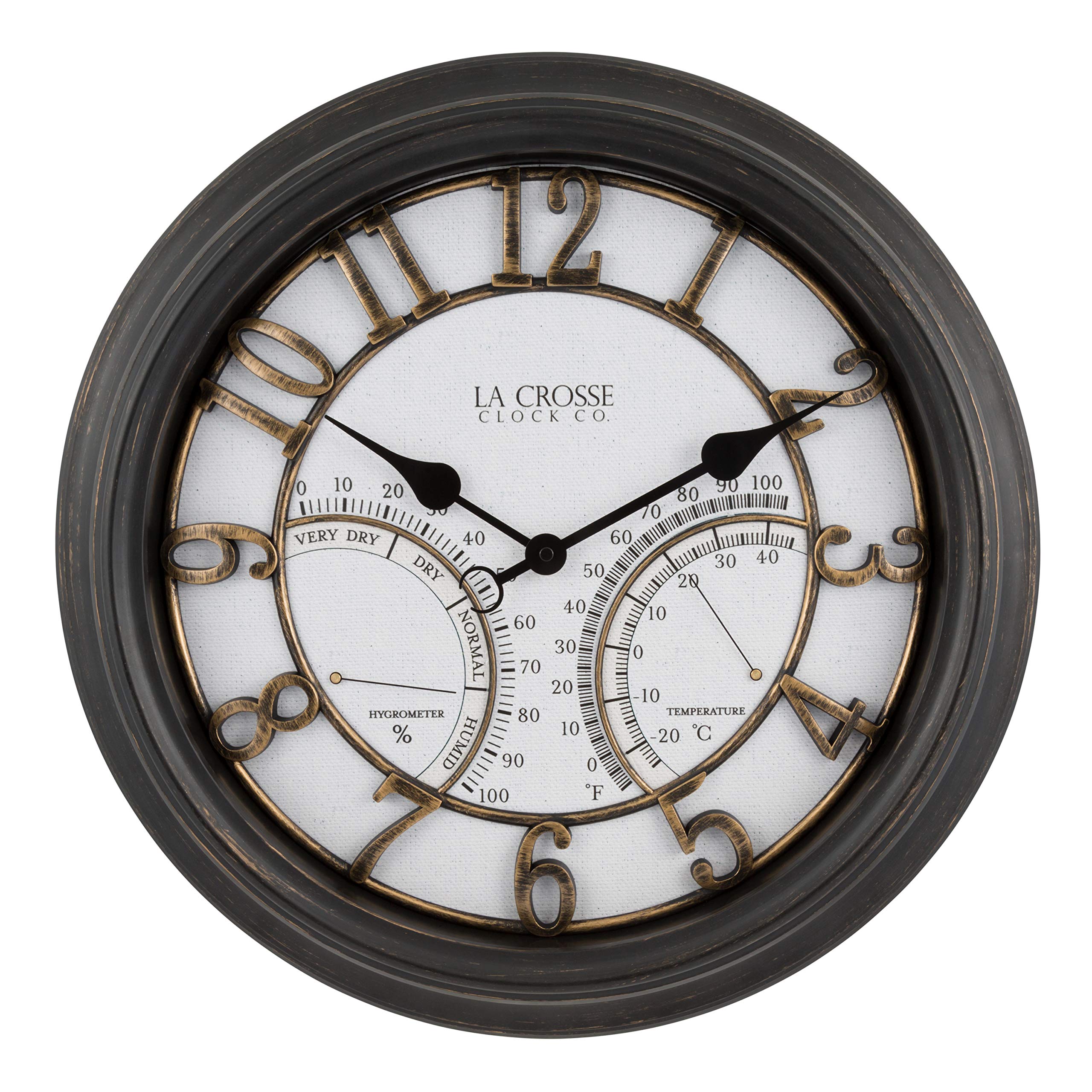 La Crosse Technology courtyard clock front view showing clear numerals and hands for easy reading