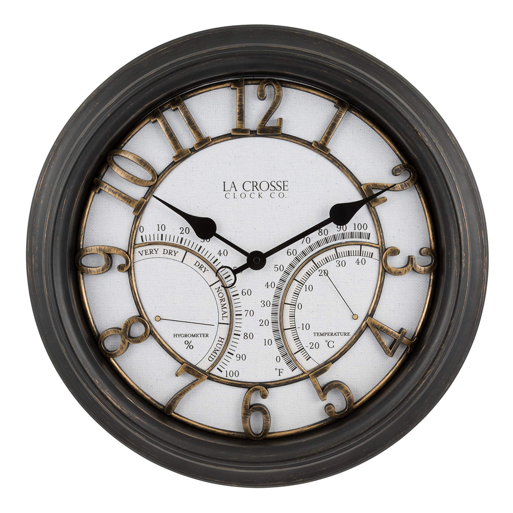 La Crosse Technology courtyard clock front view showing clear numerals and hands for easy reading