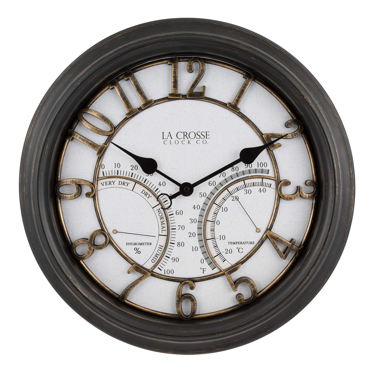 La Crosse Technology courtyard clock front view showing clear numerals and hands for easy reading