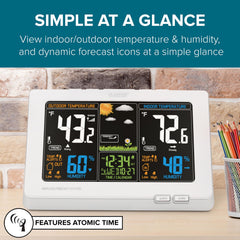 La Crosse Technology close-up screen showing temperature, humidity, and icons