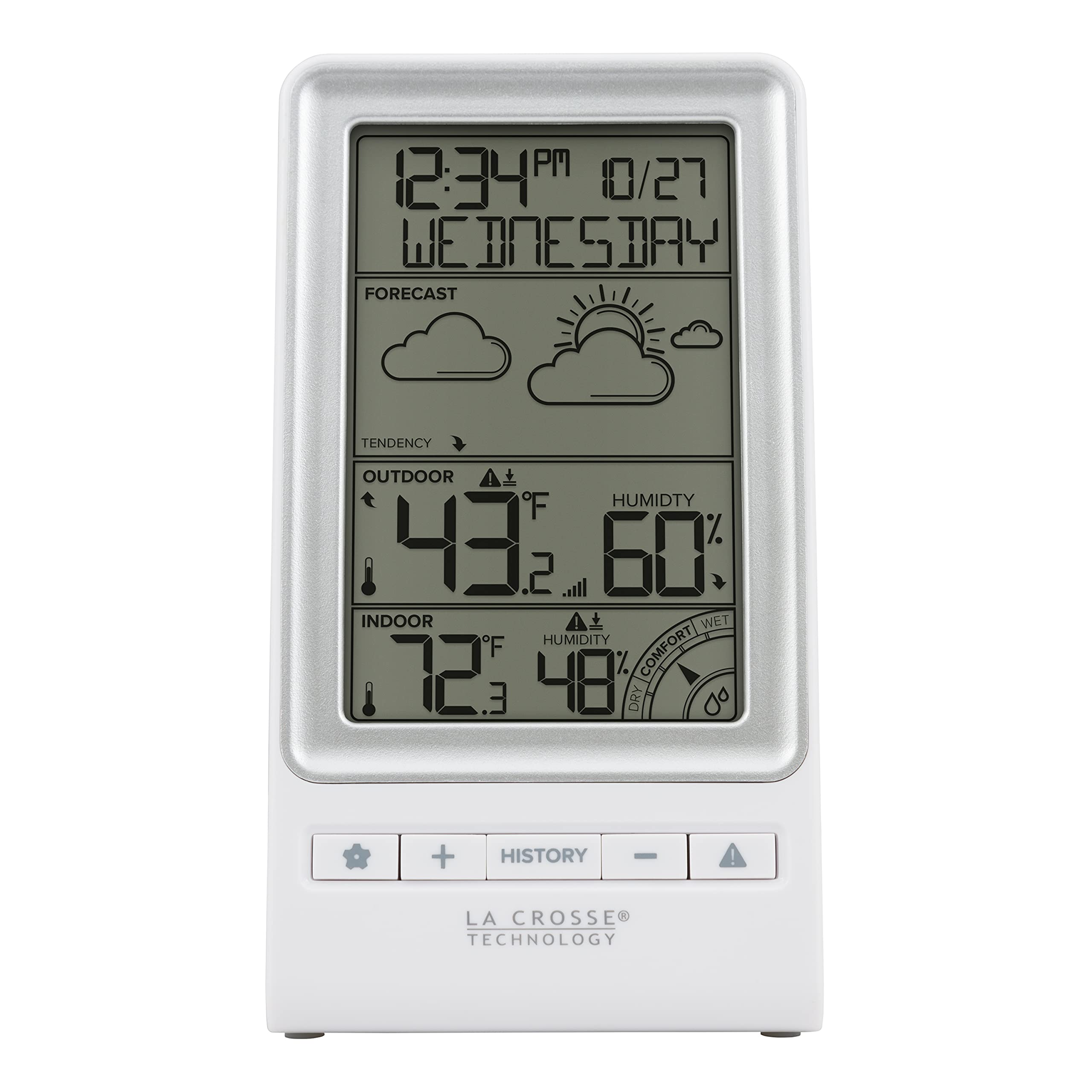 La Crosse Technology front display showing temperature and forecast icon for easy planning