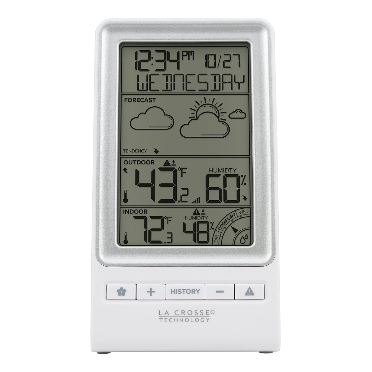 La Crosse Technology front display showing temperature and forecast icon for easy planning