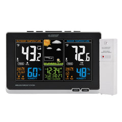 La Crosse Technology front console showing color forecast and readings for quick planning