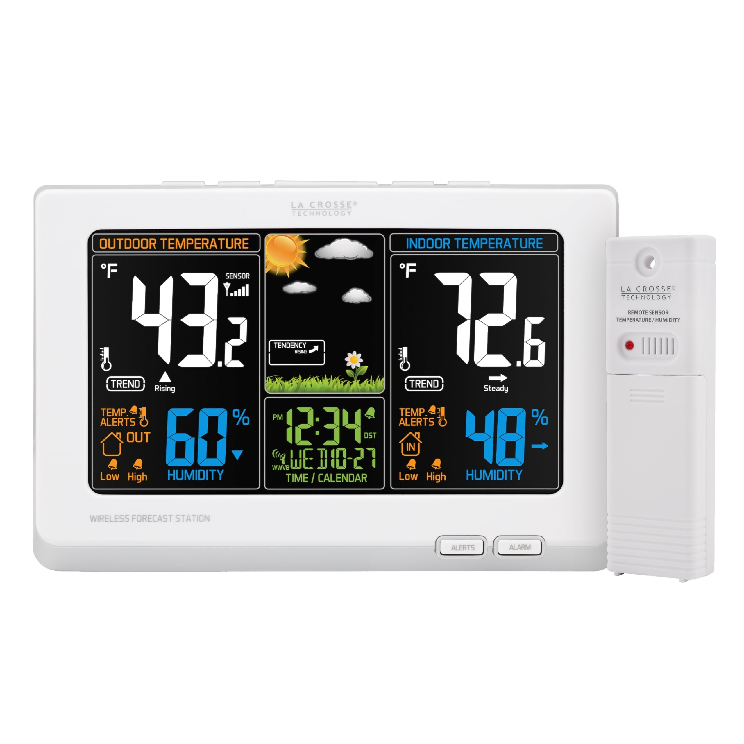 La Crosse Technology front display showing color forecast and clear readability
