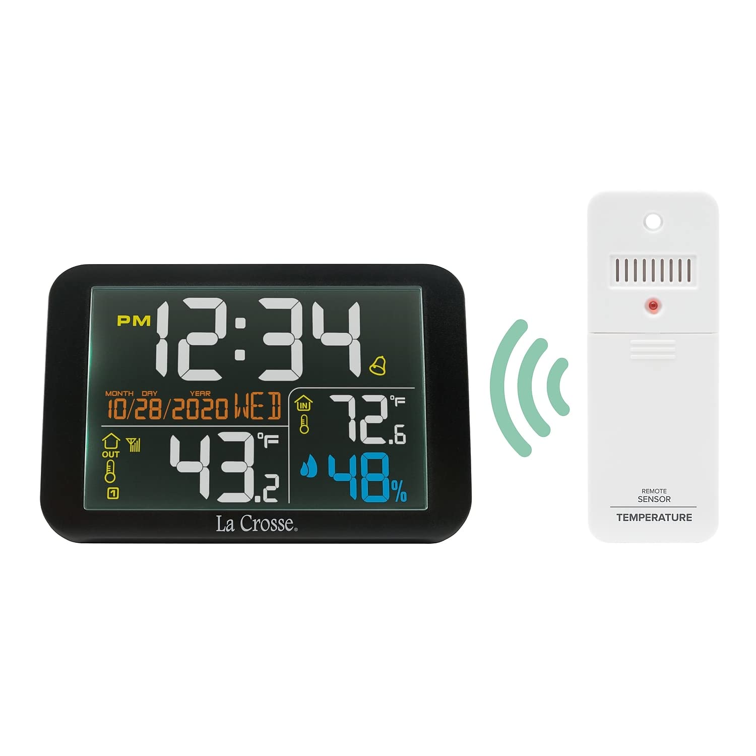 La Crosse Technology on a nightstand with alarm set offering bedside climate visibility