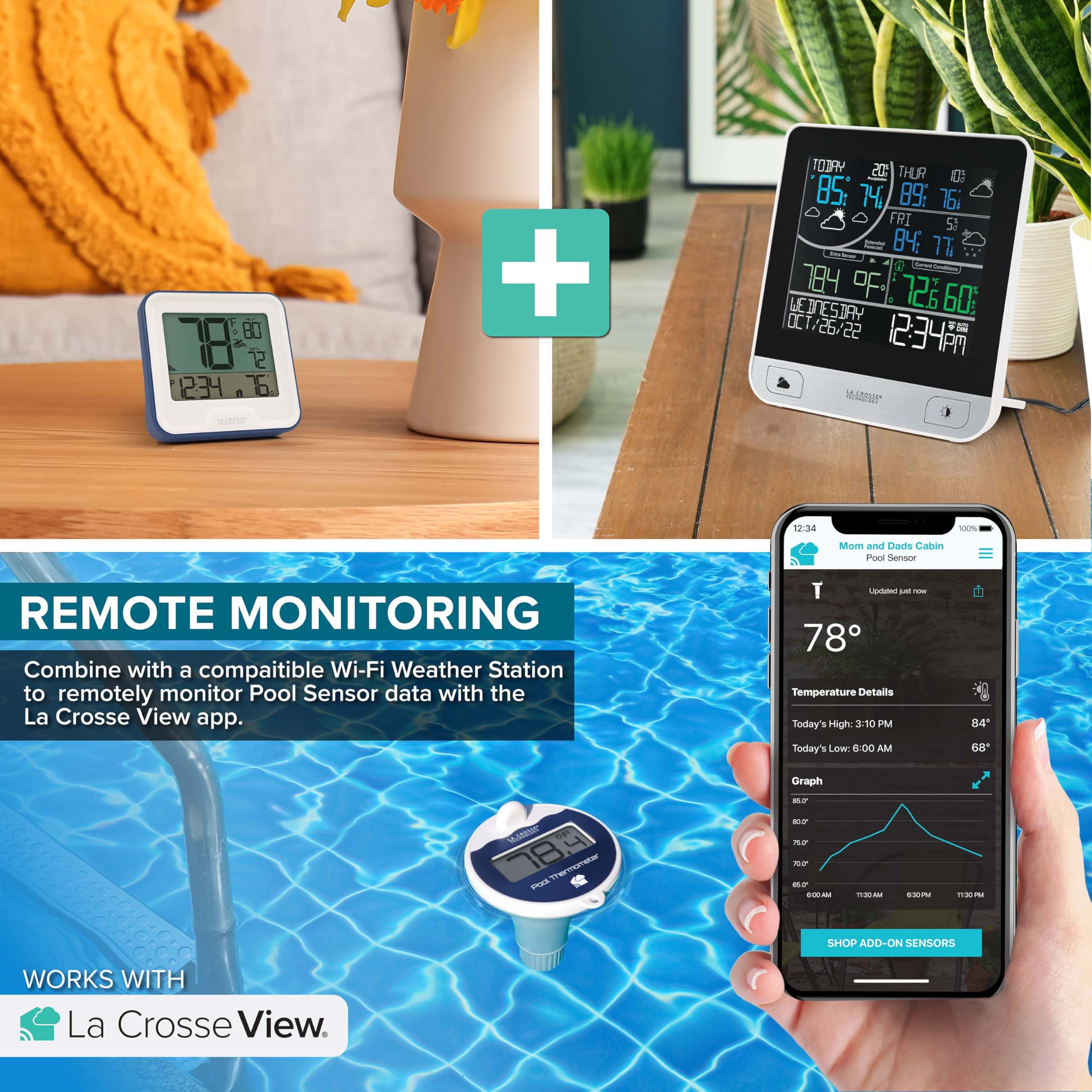La Crosse Technology indoor station on countertop with pool view showing convenient indoor monitoring