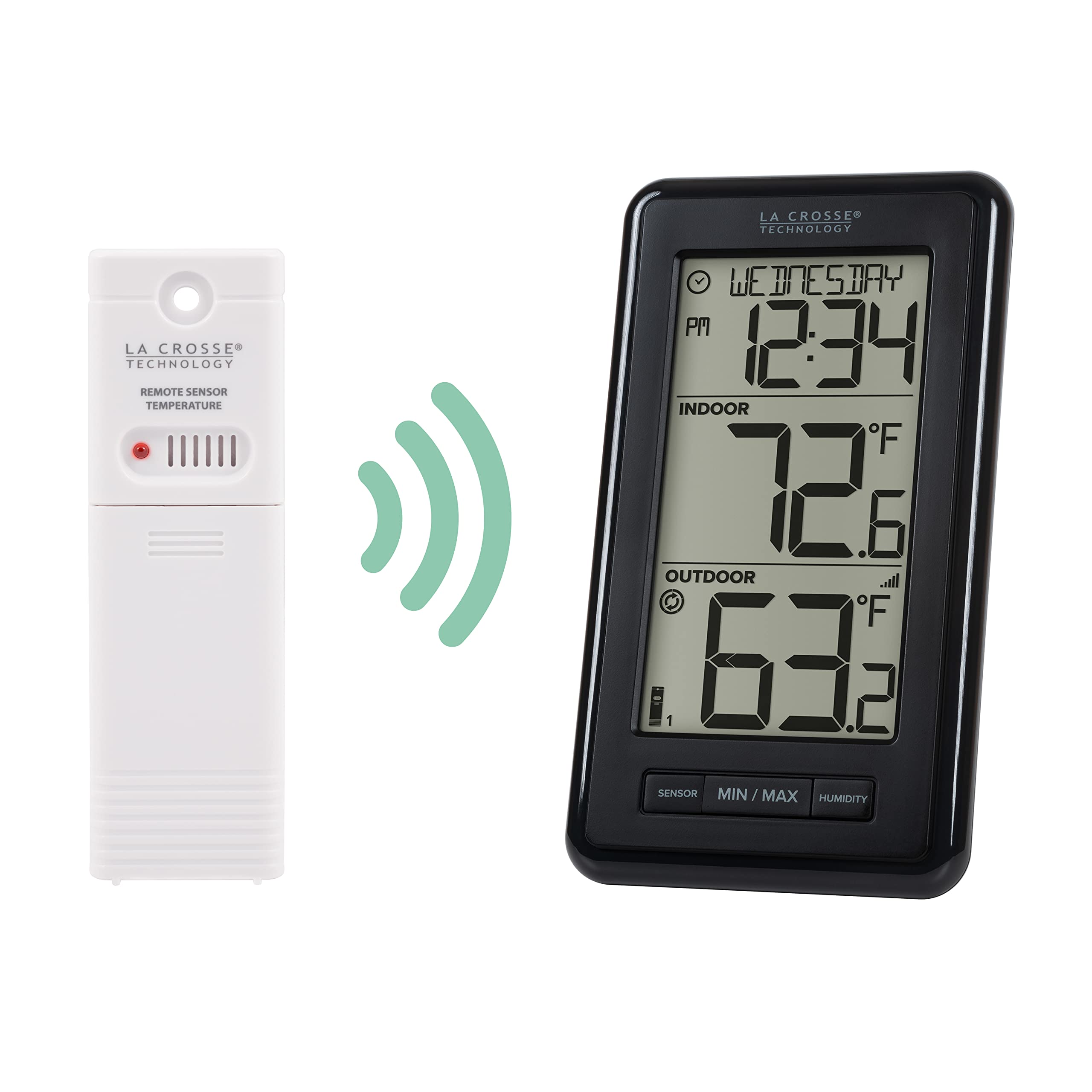 La Crosse Technology outdoor sensor front showing weather-resistant case benefit
