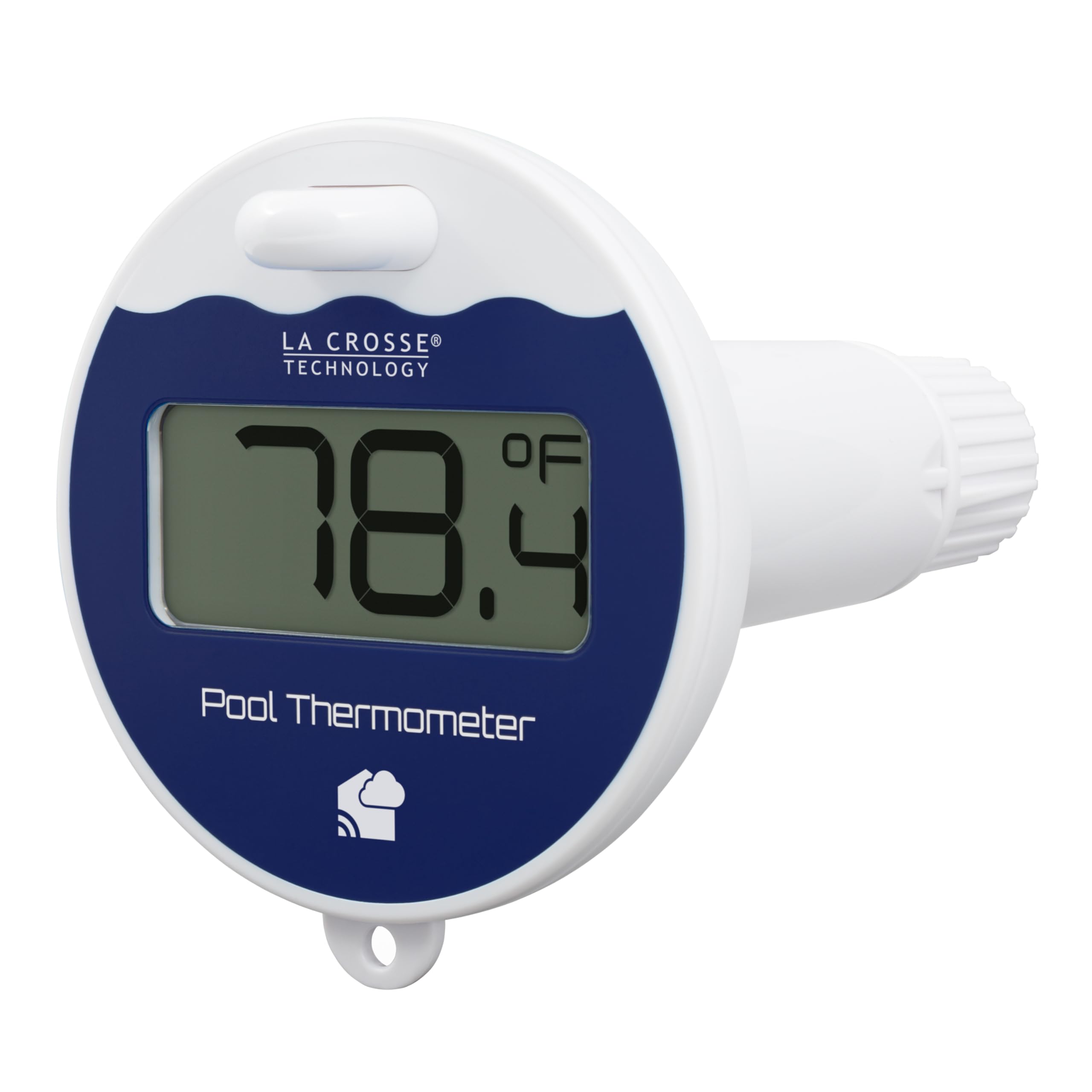 La Crosse Technology front view of pool thermometer showing durable body and display benefit