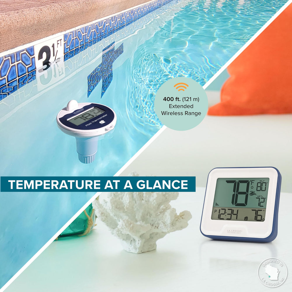 La Crosse Technology floating pool sensor on water surface showing ease of use and visibility
