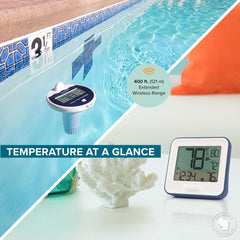 La Crosse Technology floating pool sensor on water surface showing ease of use and visibility