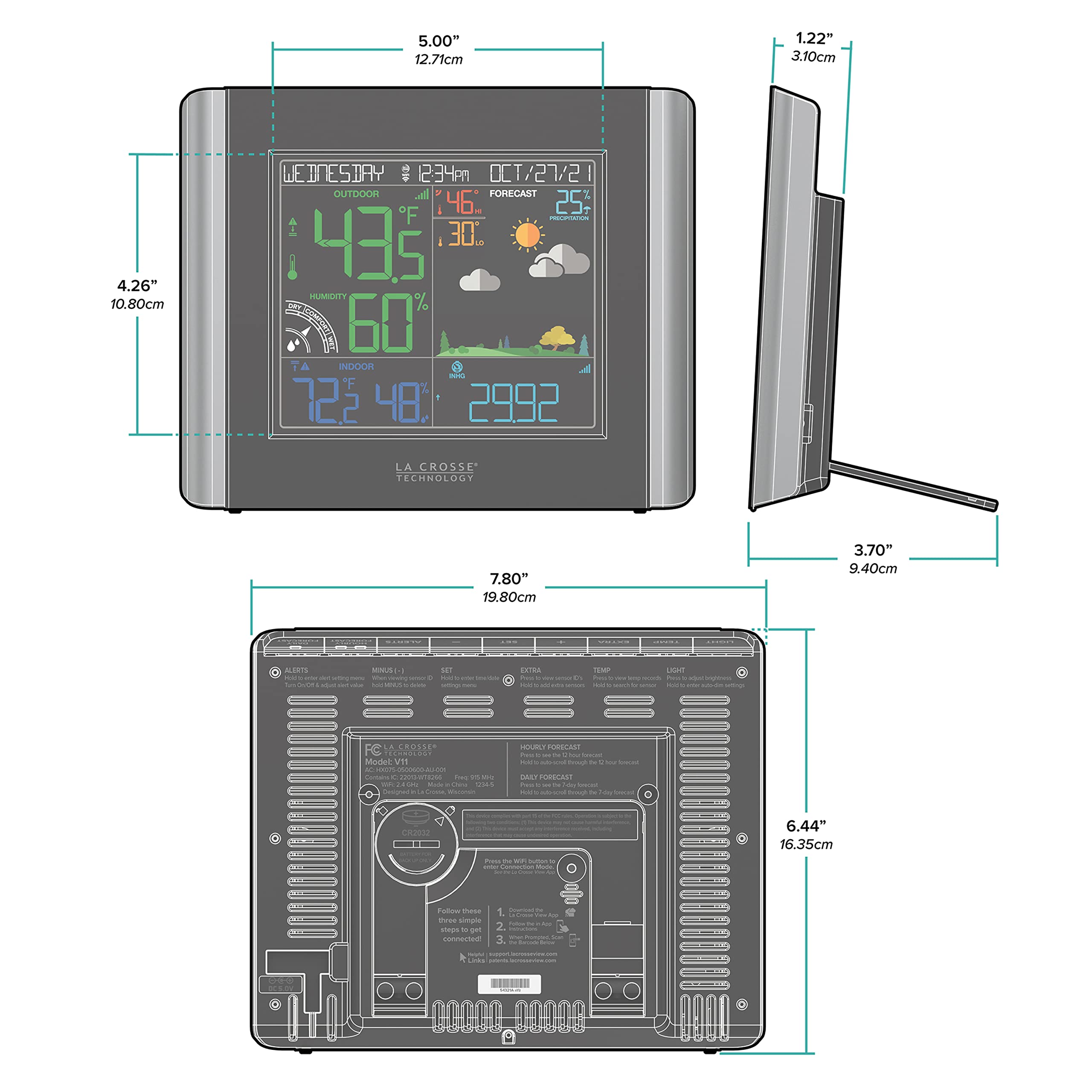 La Crosse Technology side profile highlighting sleek case design and tabletop presence