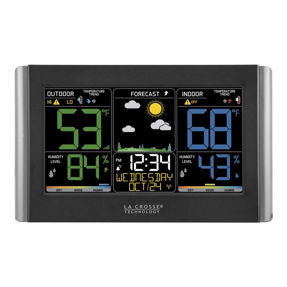 La Crosse Technology front display showing forecast icons and clear readings, easy monitoring benefit