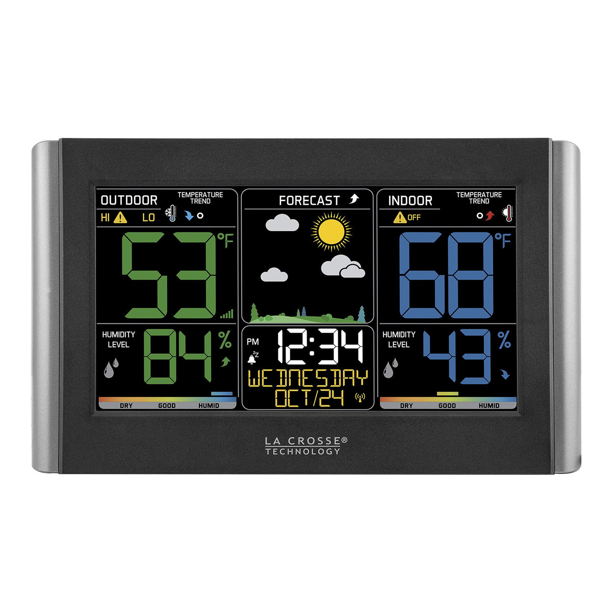 La Crosse Technology front display showing forecast icons and clear readings, easy monitoring benefit