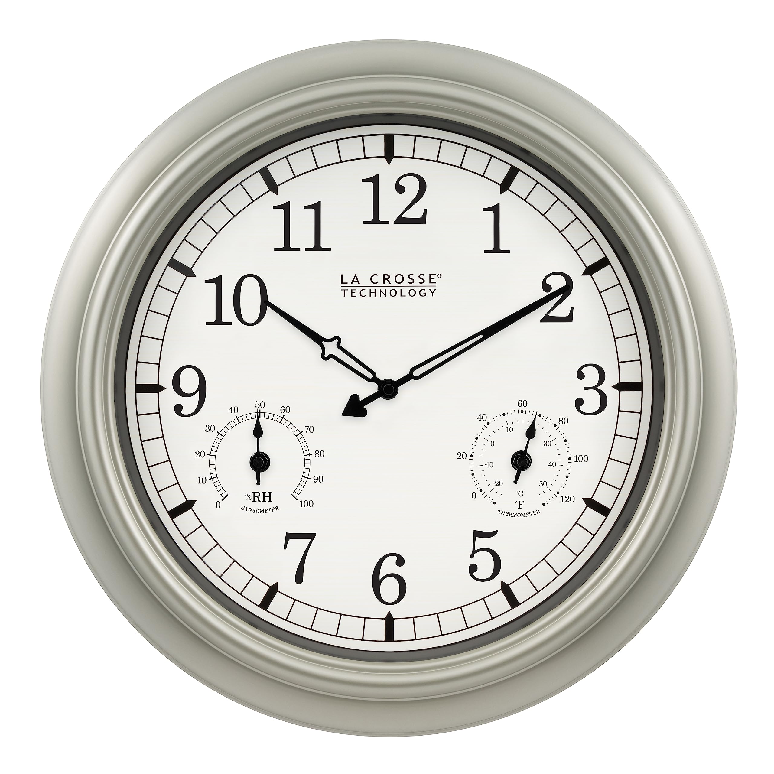 La Crosse Technology close-up of white dial and pewter frame for easy visibility