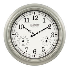 La Crosse Technology close-up of white dial and pewter frame for easy visibility