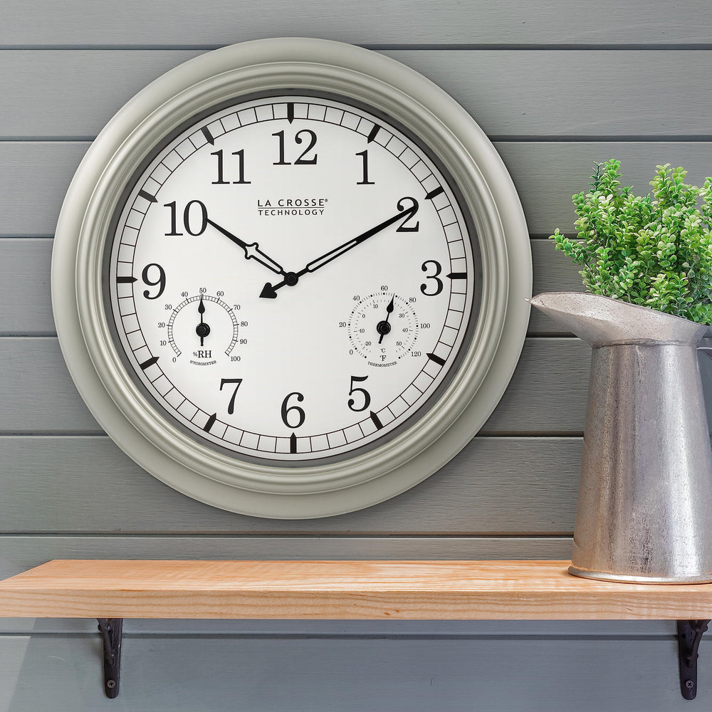 La Crosse Technology clock beside bookshelf to show 18-inch scale and home fit
