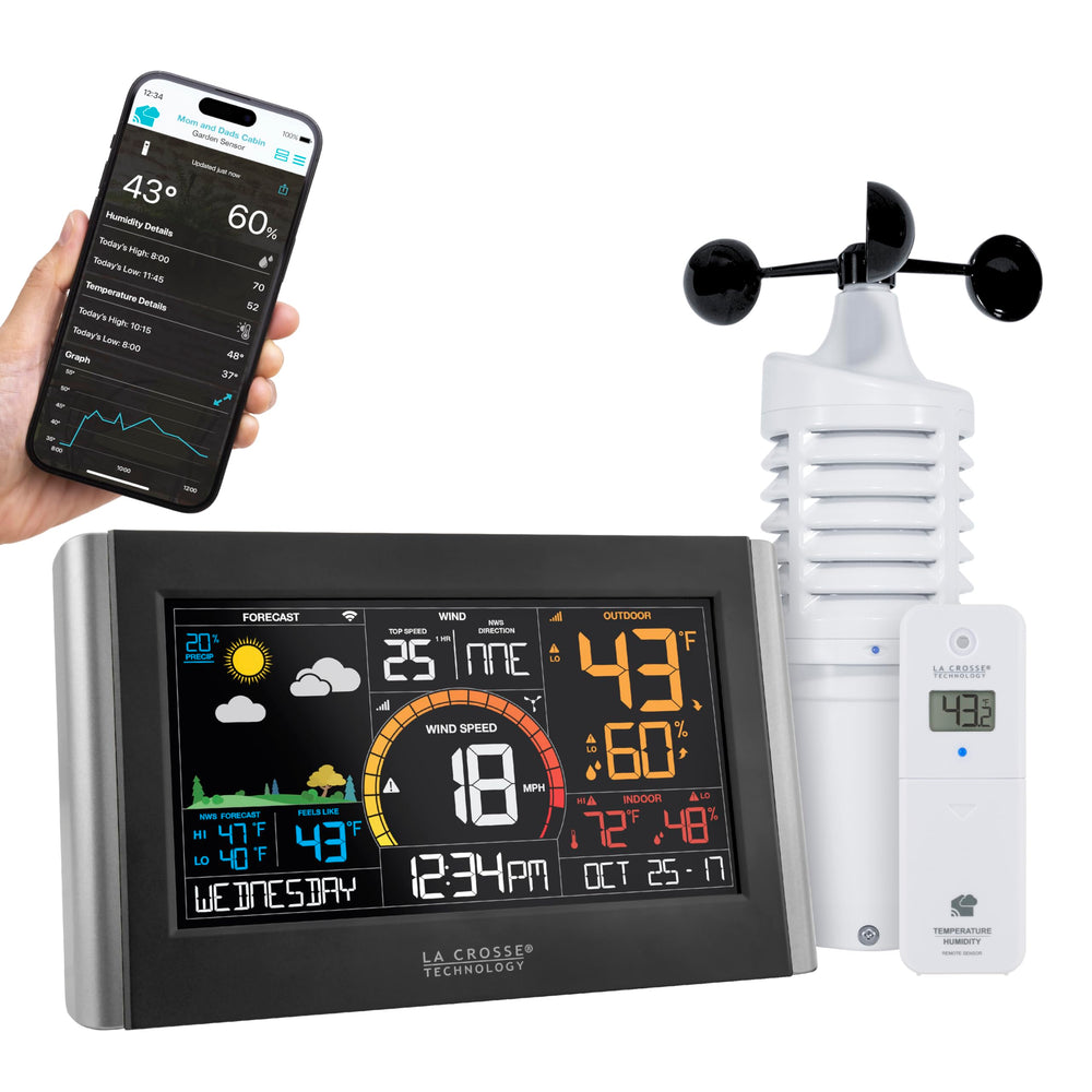 La Crosse Technology display front showing colorful readings and easy navigation benefit