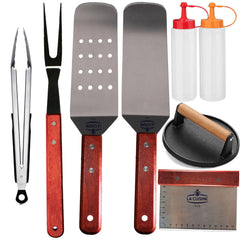 La Cuisine for life front view of complete 8-piece griddle kit showing all tools and benefits