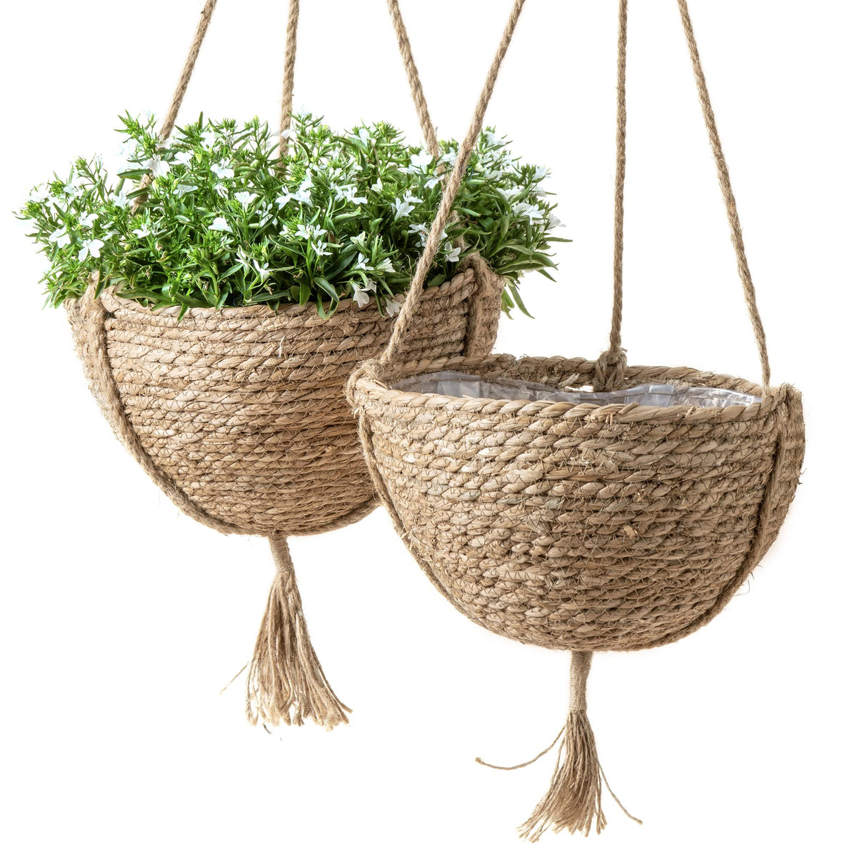 LA JOLIE MUSE front view of two hanging seagrass planters showing boho style and balance