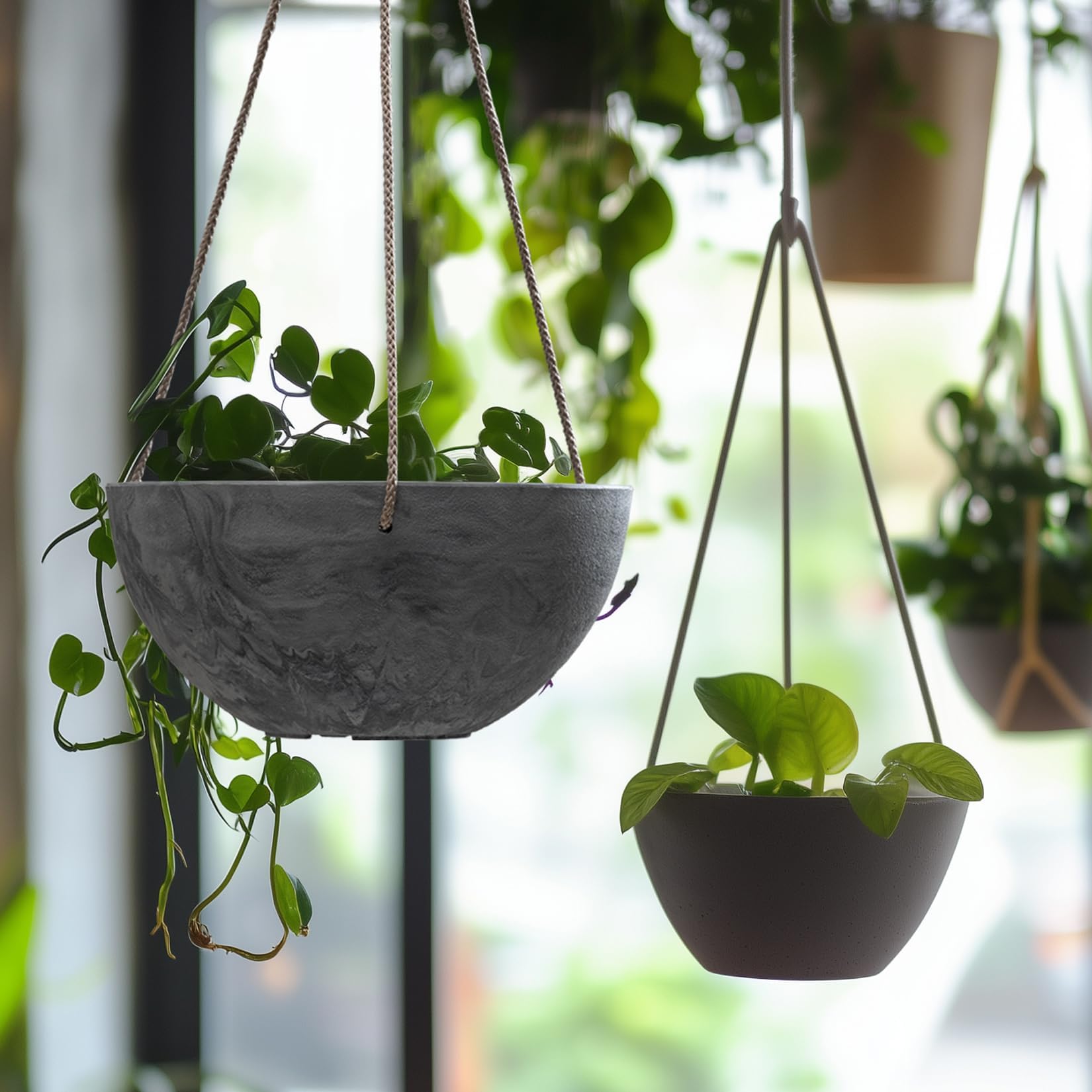 LA JOLIE MUSE hanging planters on a porch illustrating weather-resistant use and outdoor styling