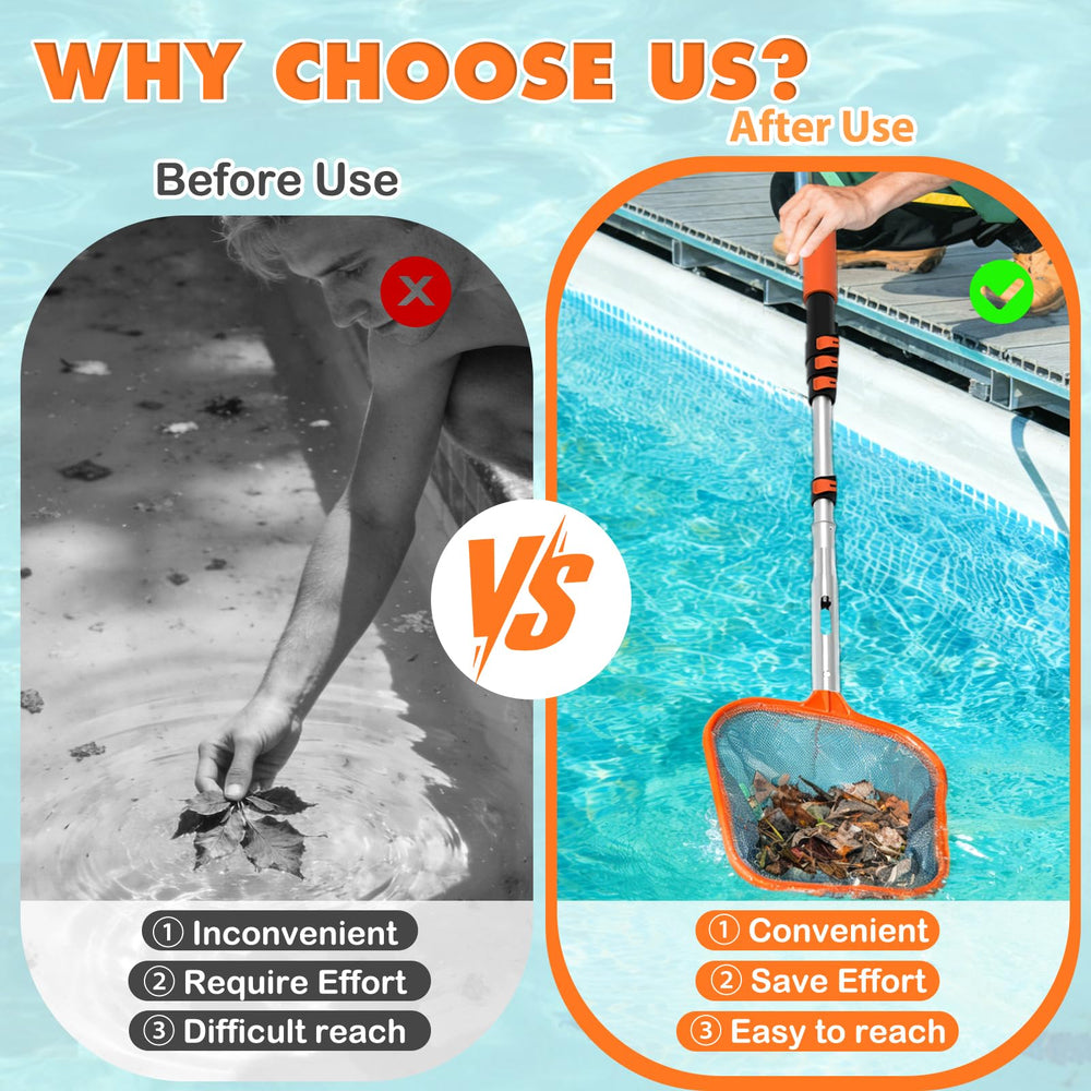 LAANPOLE telescopic pole fully extended demonstrating long reach for high pools