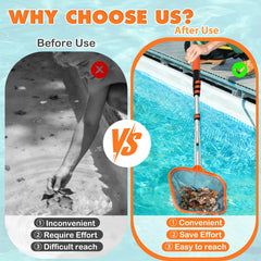 LAANPOLE telescopic pole fully extended demonstrating long reach for high pools